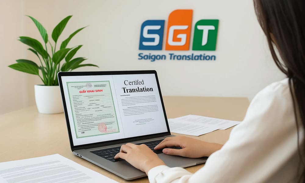 Biên dịch viên SGT đang dịch giấy khai sinh tiếng Anh