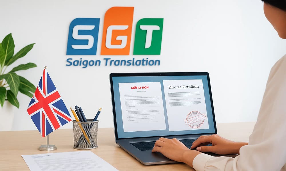 Biên dịch viên tại Dịch thuật Sài Gòn đang dịch giấy ly hôn tiếng Anh