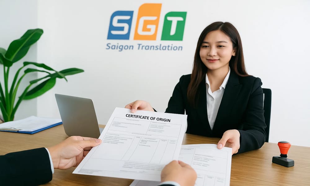 Biên dịch viên SGT bàn giao bản dịch hồ sơ CO, CQ tiếng Anh tại Sài Gòn cho khách hàng
