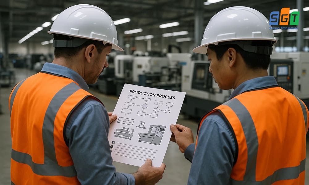 Kỹ sư nước ngoài đọc bản dịch quy trình sản xuất tiếng Anh tại Sài Gòn