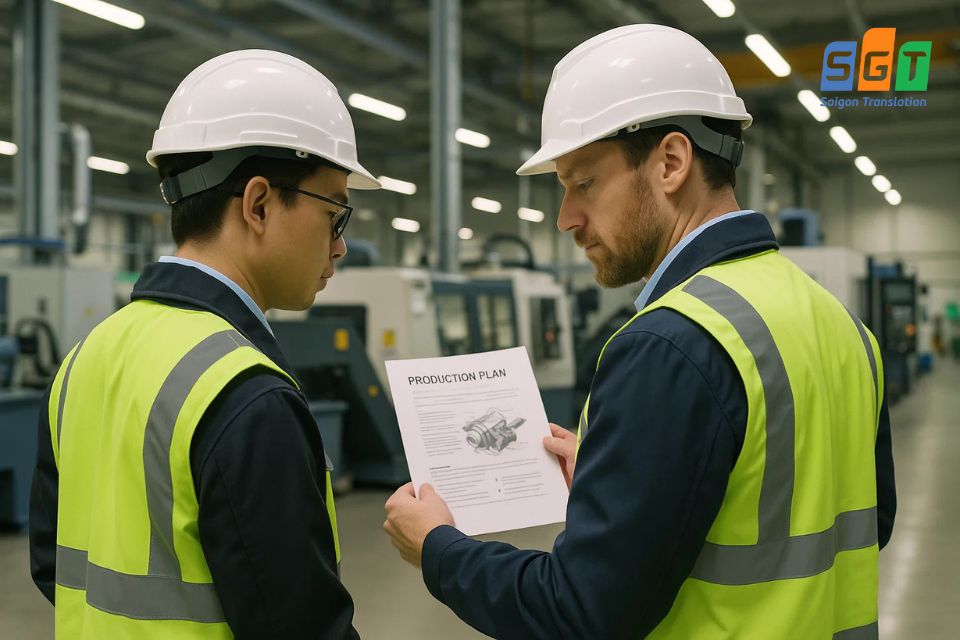 Kỹ sư đọc bản dịch tài liệu sản xuất tiếng Anh