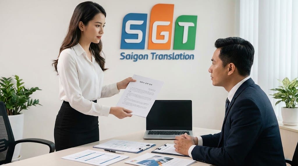 Nữ nhân viên Dịch thuật Sài Gòn giao bản dịch báo cáo kiểm toán tiếng Hàn cho khách hàng 