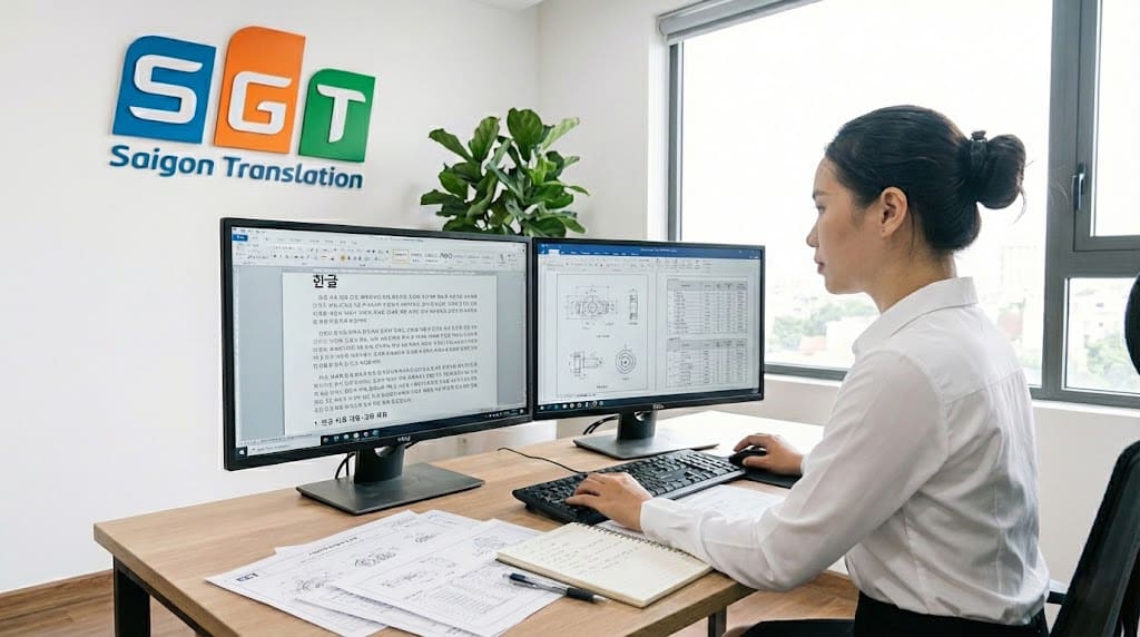 Biên dịch viên tại Dịch thuật Sài Gòn đang dịch tài liệu kỹ thuật tiếng Hàn