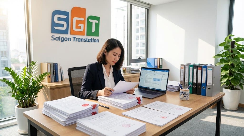 Biên dịch viên tại Dịch thuật Sài Gòn kiểm tra các bản dịch thuật công chứng
