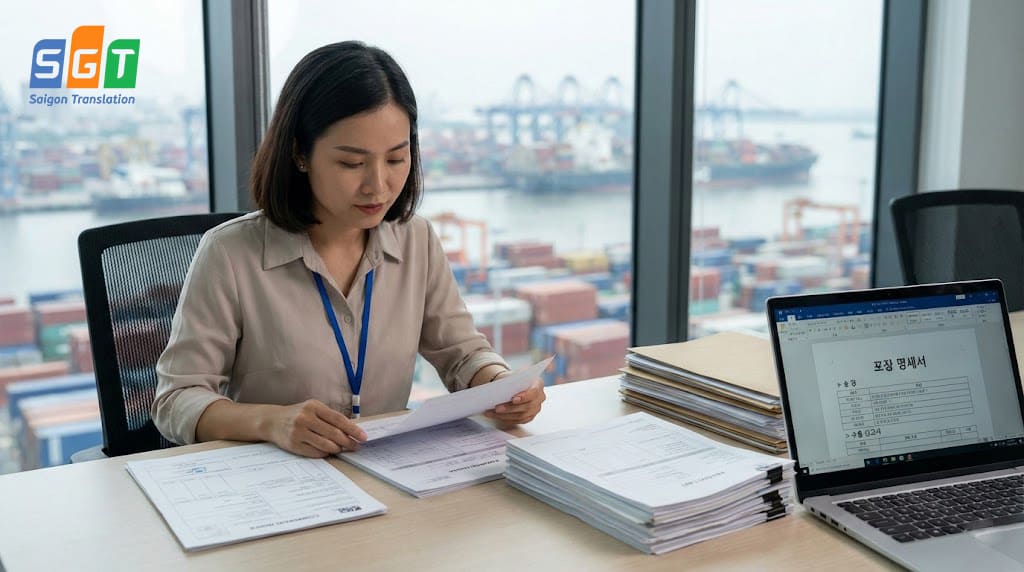 Nhân viên xuất - nhập khẩu kiểm tra bản dịch hồ sơ hàng hóa tiếng Hàn
