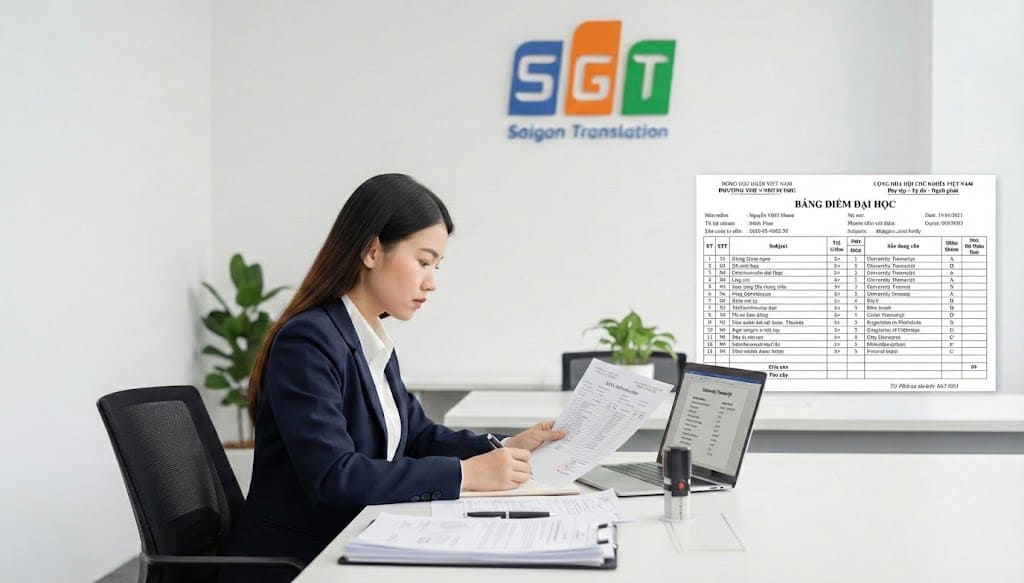 Biên dịch viên Dịch thuật Sài Gòn đang dịch bảng điểm sang tiếng Anh