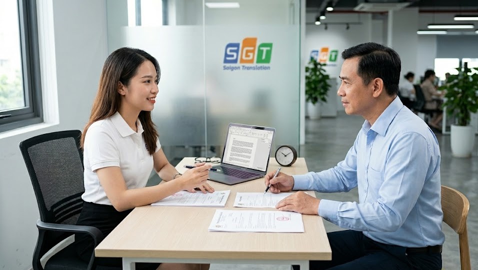 Khách hàng được phiên dịch viên SGT tư vấn dịch vụ phiên dịch chi tiết