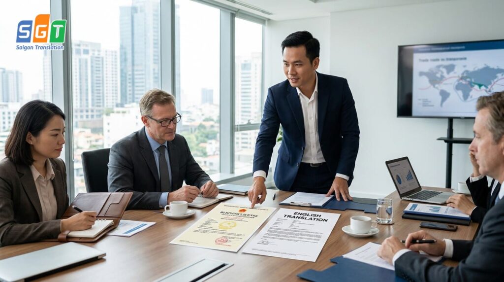 Doanh nghiệp trình bày giấy phép kinh doanh khi hợp tác với đối tác nước ngoài