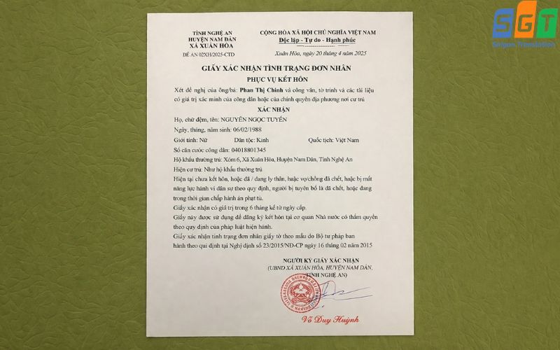 Dịch giấy chứng nhận độc thân tiếng Trung chuyên nghiệp