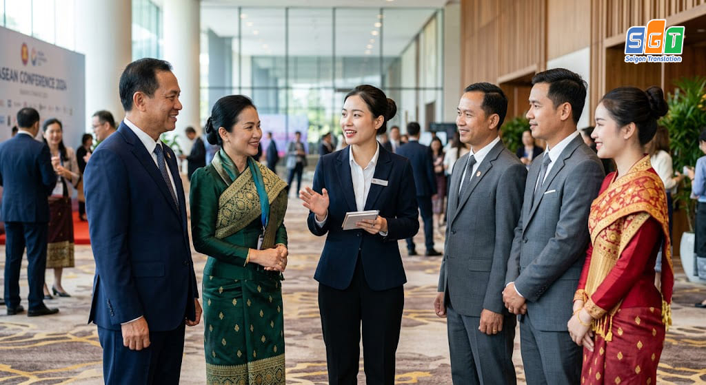 Phiên dịch viên SGT phiên dịch tháp tùng cho đoàn khách đến từ Lào