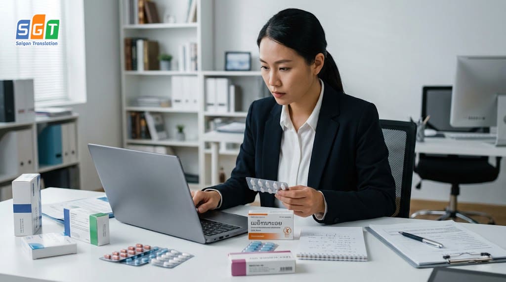 Biên dịch viên SGT dịch nhãn hiệu thuốc tiếng Lào