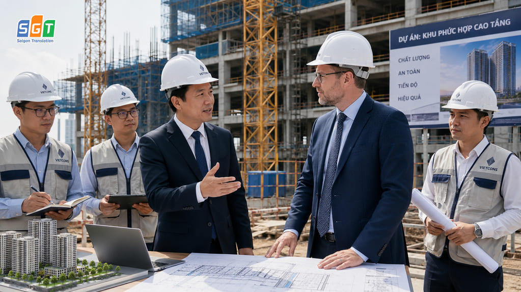 Doanh nghiệp xây dựng trao đổi với đối tác đầu tư nước ngoài