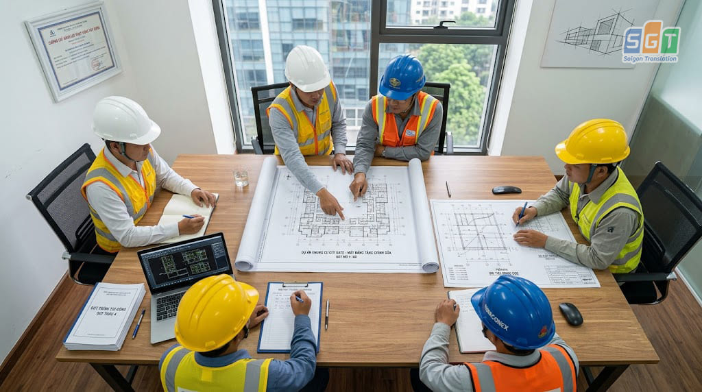 Kĩ sư kiểm tra tài liệu xây dựng trước khi thi công