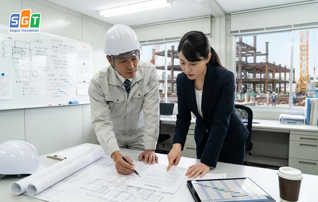 Kĩ sư và chuyên viên rà soát hồ sơ đấu thầu xây dựng